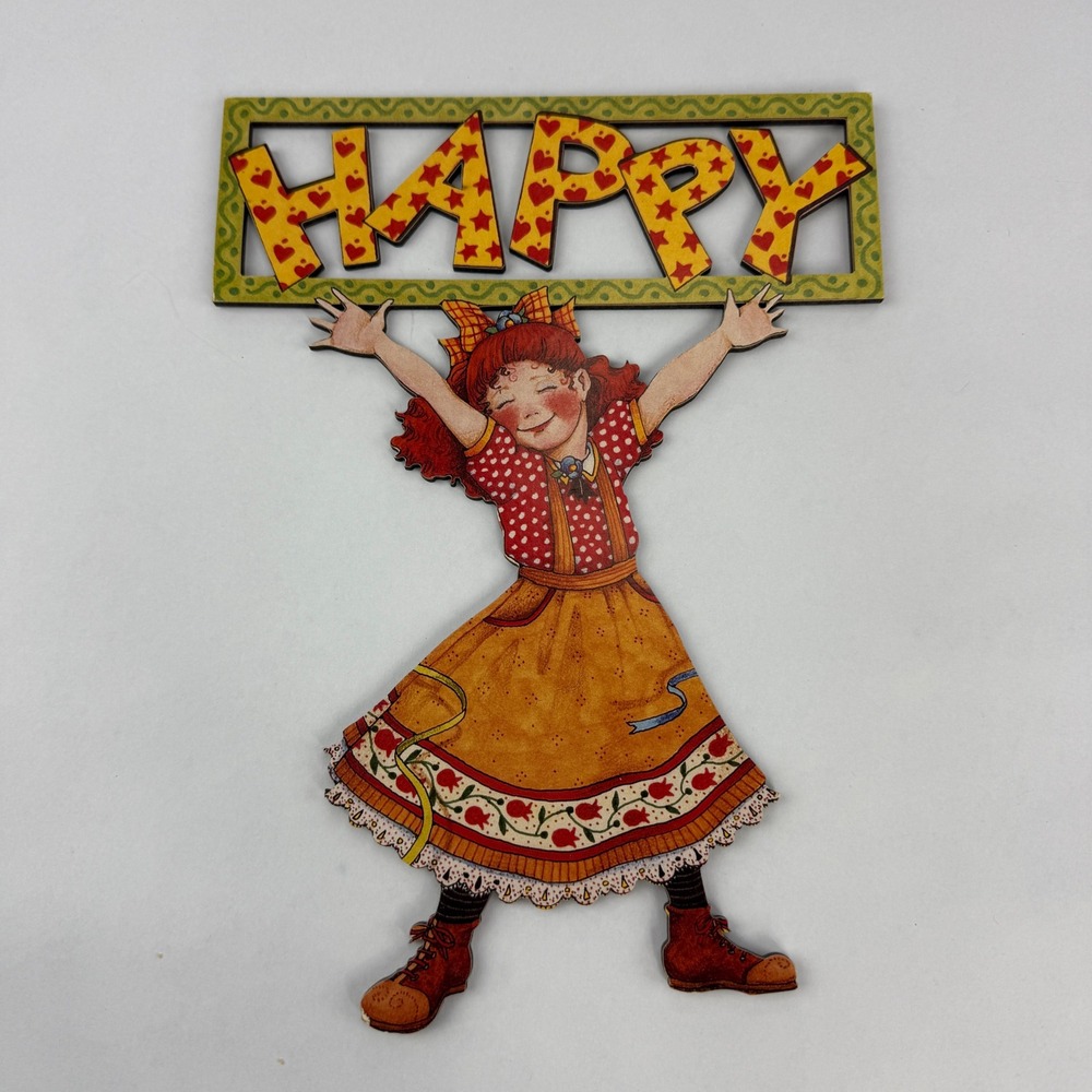 Vintage Style Wooden Happy Sign Girl Wall Decor Whimsical Folk Art Plaque 9.5in